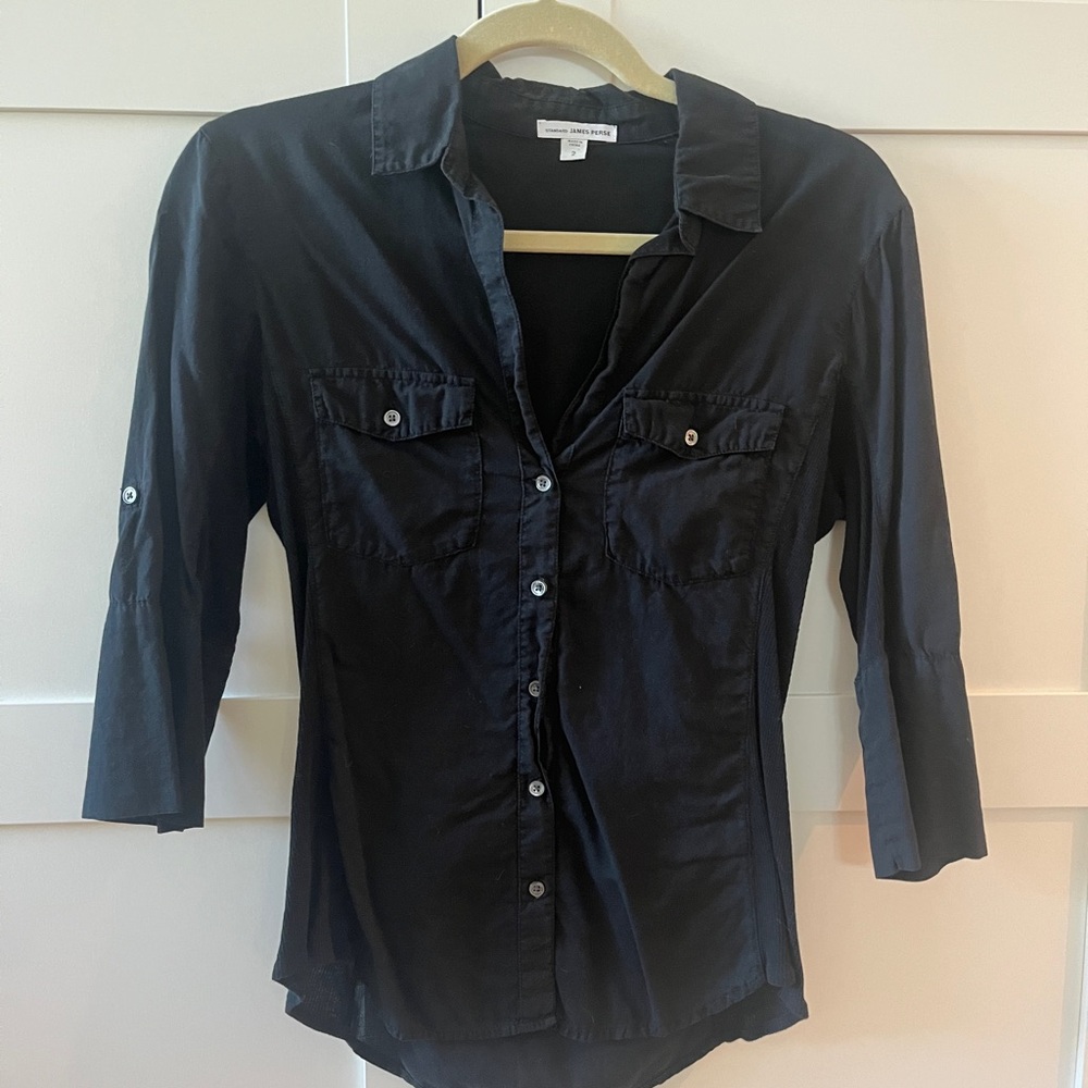 James Perse Black Fitted Notched Collar Blouse